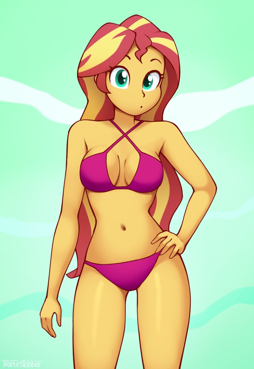 belly_button big_breasts bikini bikini_bottom bikini_top blonde_hair breasts breasts curled_hair cyan_eyes equestria_girls hips looking_at_viewer looking_at_you my_little_pony navel red_hair summer sunset_shimmer thighs triplestabber two-tone_hair yellow_body