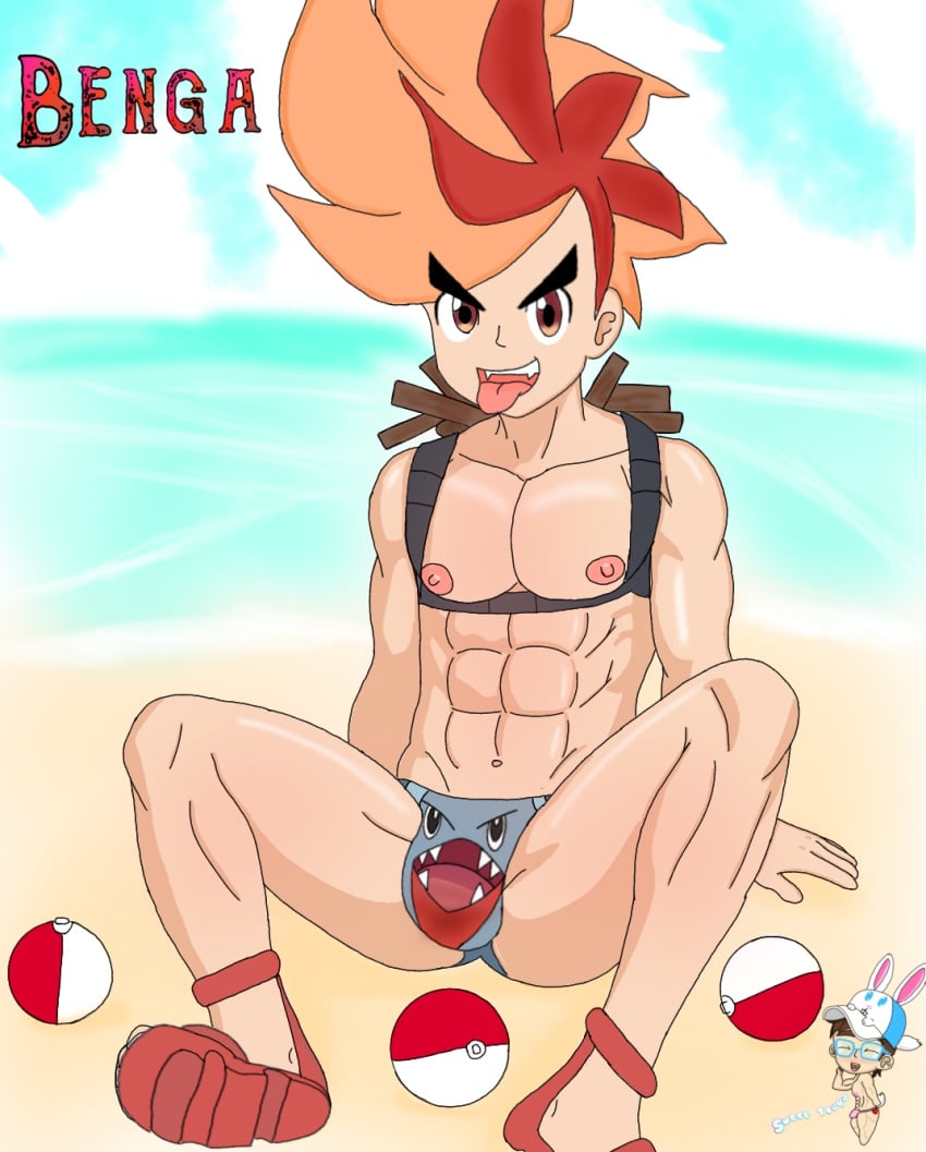 1boy 2d abs beach benga_(pokemon) huge_pecs human human_only light-skinned_male light_skin male male_focus male_only nintendo pokemon pokemon_bw2 solo solo_male spiky_hair thong thong_underwear