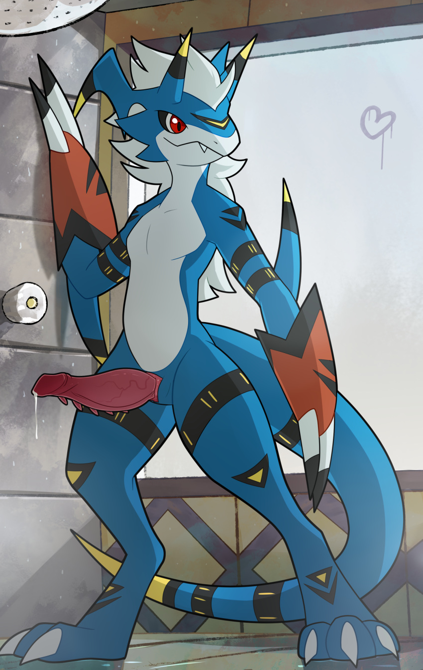 1boy 2017 3_toes absurd_res animal_genitalia anthro black_sclera blitzdrachin blue_scales claws clothing countershading detailed_background digimon digital_media_(artwork) digitigrade dragon erection flamedramon gloves growlmon hair heart hi_res horn hybrid lizard male male_only markings original_character penis pinup pose precum red_eyes reptile scales scalie shower slit solo standing sven_the_giramon toe_claws toes veins veiny_penis wet white_countershading white_hair