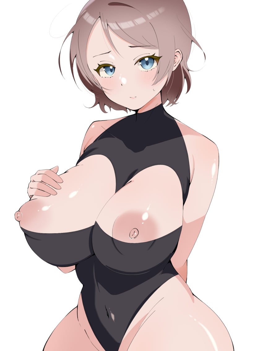 ass big_breasts blue_eyes blush breasts brown_hair covered_navel female large_breasts looking_at_viewer love_live! love_live!_sunshine!! navel nipples short_hair simple_background solo thighs watanabe_you