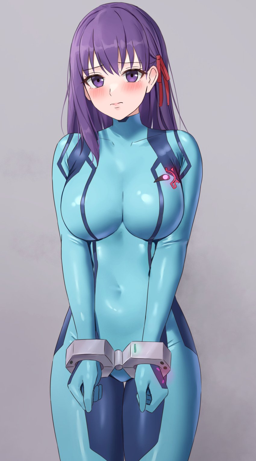 1girls artist_request big_breasts blush breasts curvy curvy_figure fate/stay_night fate_(series) female_only handcuffs matou_sakura purple_eyes purple_hair samus_aran_(cosplay) suit younger_female