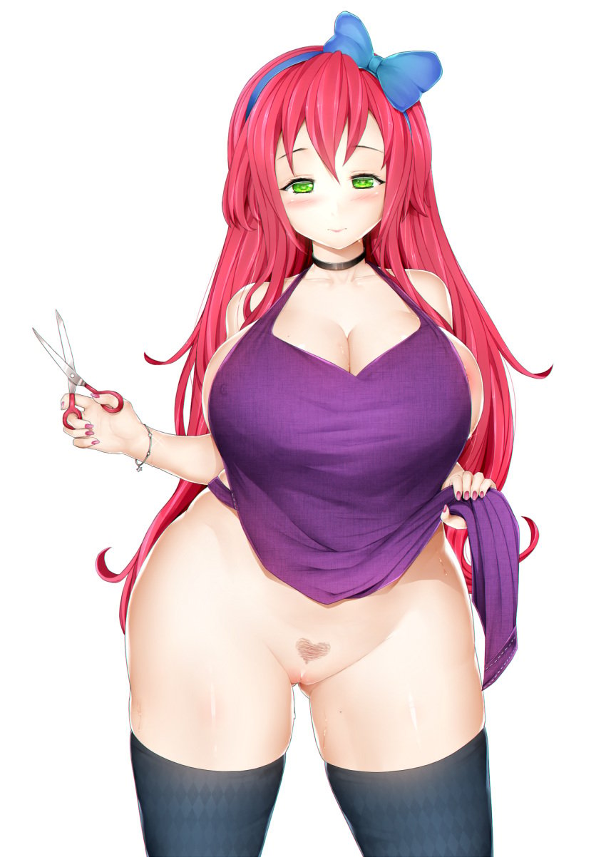 1girls apron apron_only big_ass blush bottomless bow female female_only green_eyes heart_pubes huge_breasts lazyfelyne long_hair looking_at_viewer pink_hair pubic_hair pussy solo stockings stylist_(terraria) terraria thick_thighs