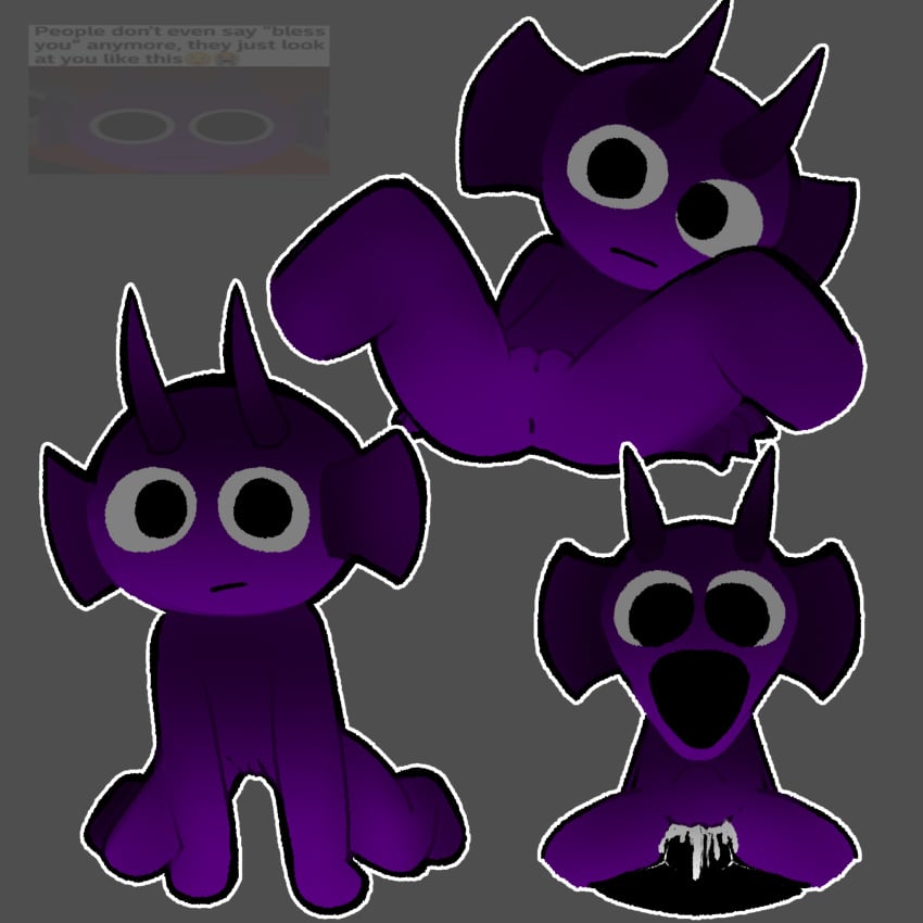 big_pupils black_(sprunki) carden3214 cum cum_in_pussy cum_inside cuntboy durple_(sprunki) emotionless grey_background incredibox_mod legs_open meme_in_the_background no_background purple_(sprunki) pussy sprunki