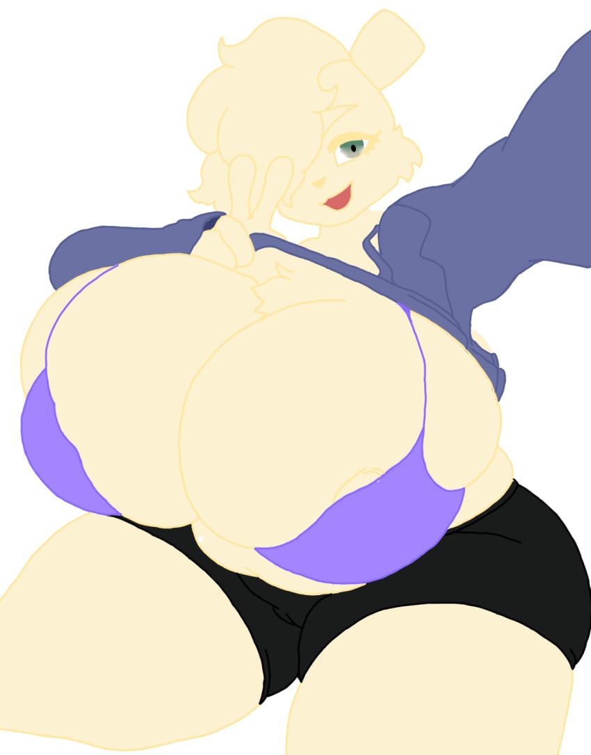 big_thighs felisevee female female_only green_eyes massive_breasts original original_character pulling_clothing purple_bra roseyimmy_[rosesearyimmy] shorts taking_picture vagina_visible_through_clothing