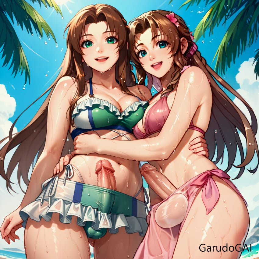 aerith_gainsborough ai_generated beach brown_hair embracing final_fantasy final_fantasy_vii futanari garudogai ifalna large_penis long_hair looking_at_viewer medium_breasts mother mother_and_daughter smiling swimsuit