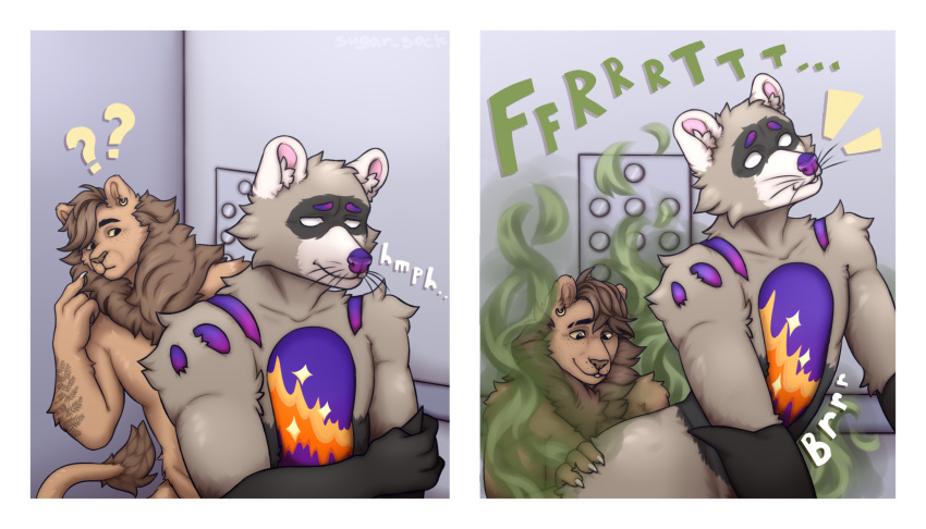 anthro comic duo elevator fart fart_cloud fart_fetish farting_on_another felid hand_on_butt hi_res lion male male/male mammal mane nude pantherine procyonid raccoon slim smelly sugar_sock surprise surprised_expression