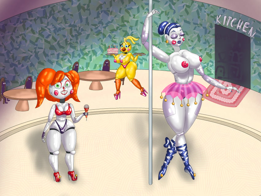 3girls ballet_heels ballora ballora_(fnafsl) cake circus_baby circus_baby_(fnaf) clown_girl five_nights_at_freddy's fnaf high_heels ongio pizza platform_heels stripper_pole toy_chica_(fnaf) toy_chica_(love_taste)