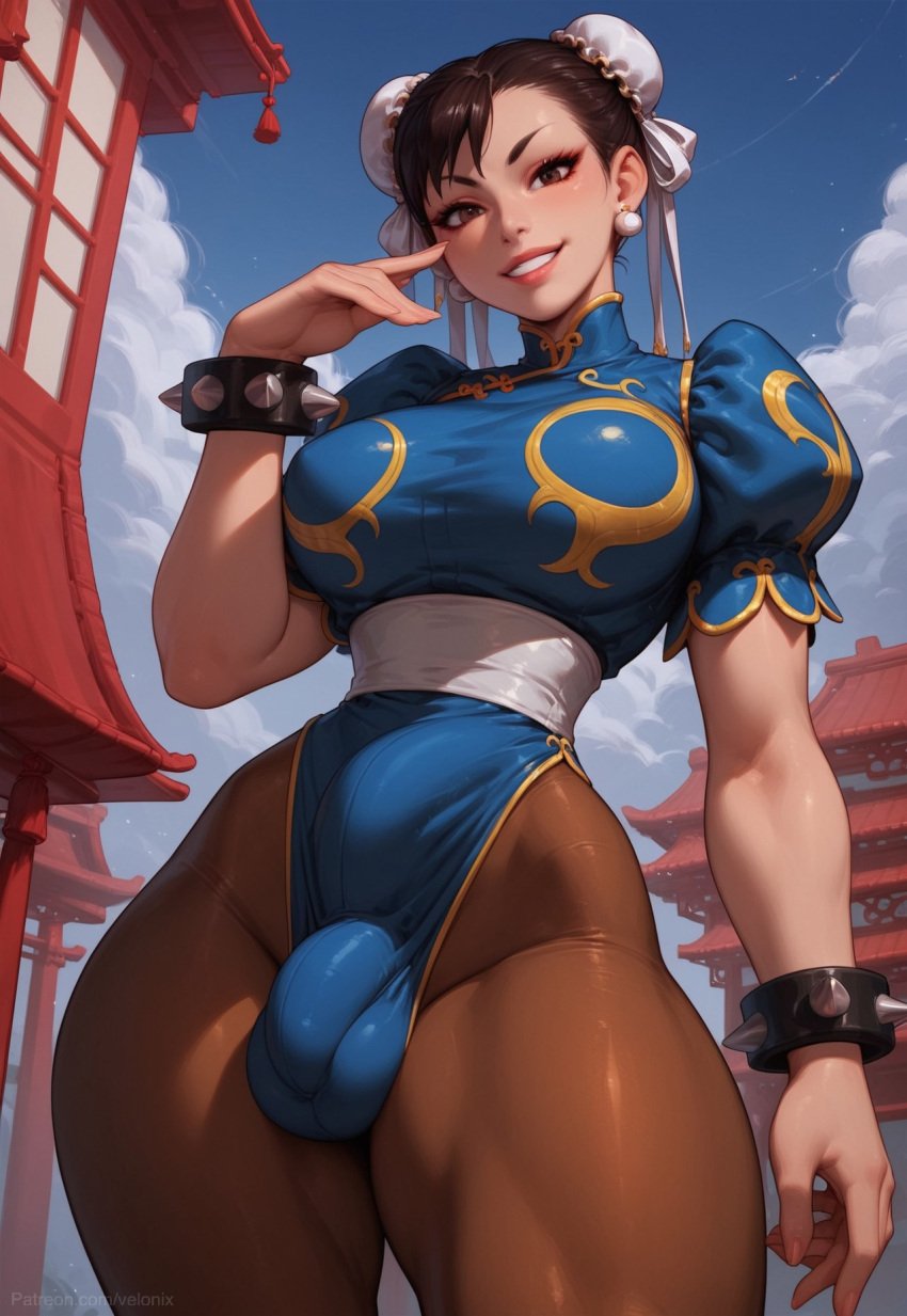 1futa 1futanari ai_generated big_ass big_breasts breasts brown_hair bulge bulge_through_clothing chun-li clothing earrings futa_only futanari grin hair hair_bun legs makeup muscular_legs outside penis smile smiling_at_viewer standing street_fighter street_fighter_6 thick_thighs thighs velonix