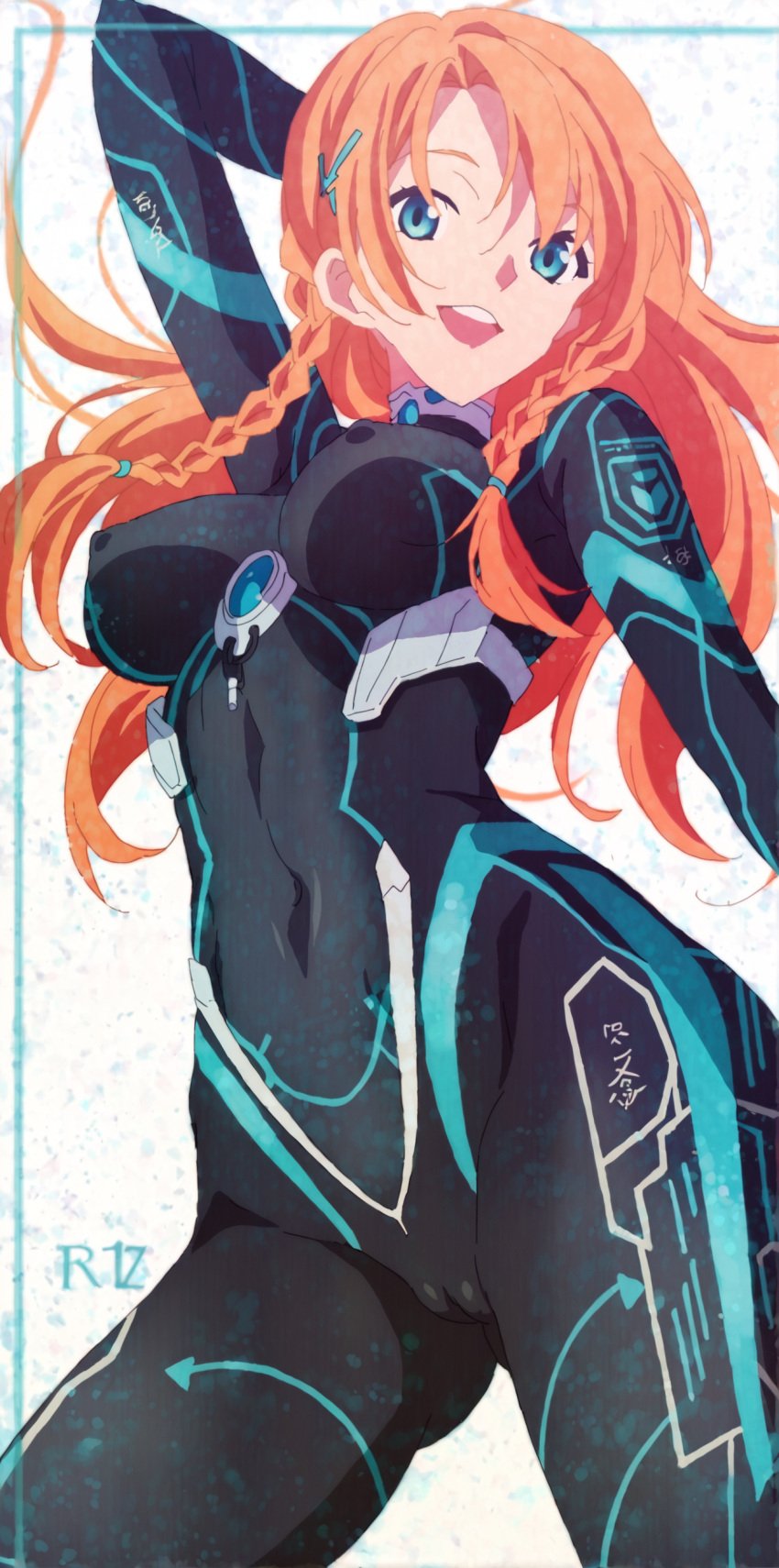 1girls ai_generated arms_behind_back blue_eyes bodysuit braid breasts cameltoe covered_navel covered_nipples female hair_ornament long_hair looking_at_viewer medium_breasts open_mouth orange_hair self_upload skin_tight smile solo spare1632 twin_braids