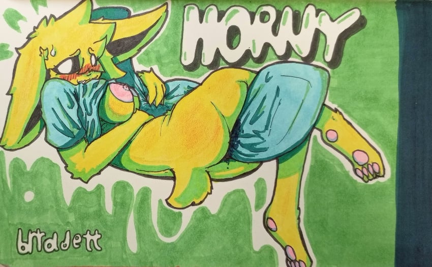 2024 anthro ass black_sclera blush bodily_fluids body_pillow breasts brradett clothing colored eeveelution english_text female fur generation_1_pokemon genital_fluids grinding hi_res jolteon looking_at_viewer mammal masturbation nintendo nipples pawpads pillow pillow_humping pokemon pokemon_(species) shaded signature simple_background solo sweat sweatdrop tail text traditional_media_(artwork) vaginal_fluids white_eyes yellow_body yellow_fur