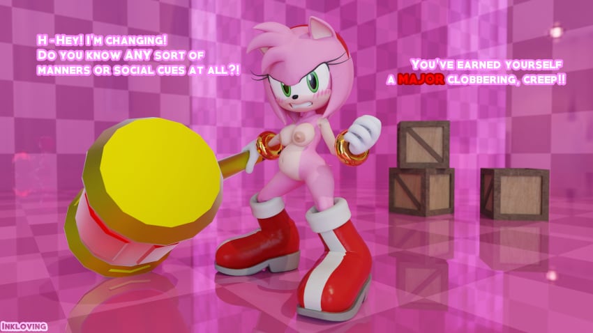 3d absurd_res accessory amy_rose angry anthro blush boots bracelet breasts crate dialogue digital_media eulipotyphlan female footwear gloves green_eyes hair_accessory hairband hammer handwear hedgehog hi_res inkloving jewelry large_breasts looking_at_viewer mammal nude nude_female pink_body pregnant pregnant_female sega shoes solo sonic_(series) sonic_the_hedgehog_(series) tools