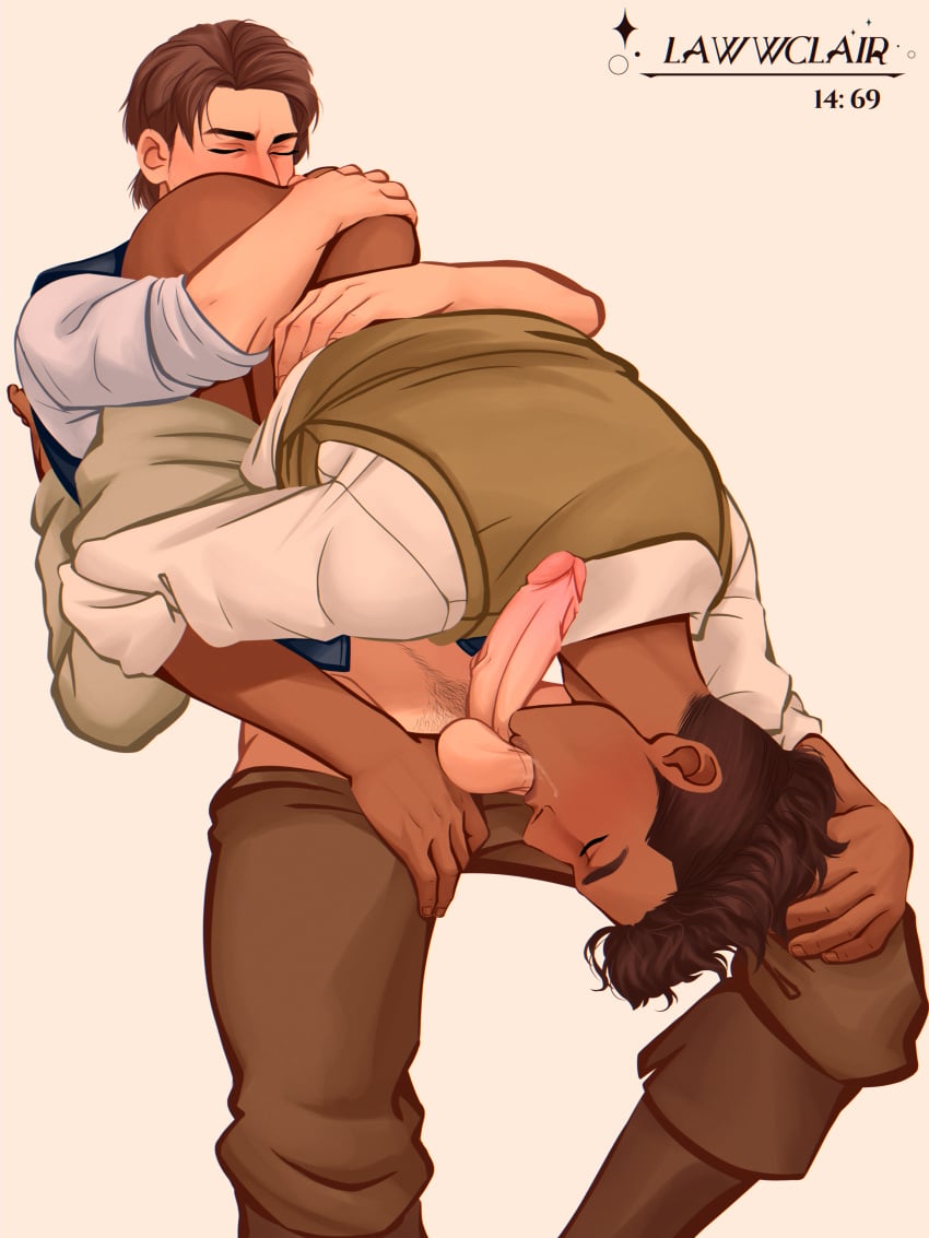 69 69_position blowjob boots brown_hair closed_eyes dark-skinned_male dark_skin disney disney_prince flynn_rider gay hugging jacket lawwclair light-skinned_female light_skin male male_only prince_naveen rimming rimming_male tangled the_princess_and_the_frog vest