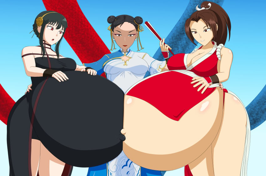 3girls belly_press chun-li hyper_belly hyper_pregnancy king_of_fighters mai_shiranui outie_belly_button pregnancy pregnant pregnant_belly pregnant_female spooky-gh0st spy_x_family street_fighter yor_forger