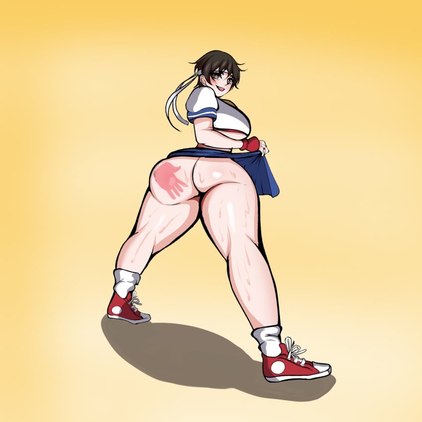 1girls alternate_version_available ass ass_focus big_ass big_breasts bottomless bottomless_skirt breasts brown_eyes brown_hair capcom from_behind gloves handprint handprint_on_ass headband hyperrxgue lifting_shirt looking_at_viewer looking_back sakura_kasugano school_uniform schoolgirl short_hair street_fighter sweat