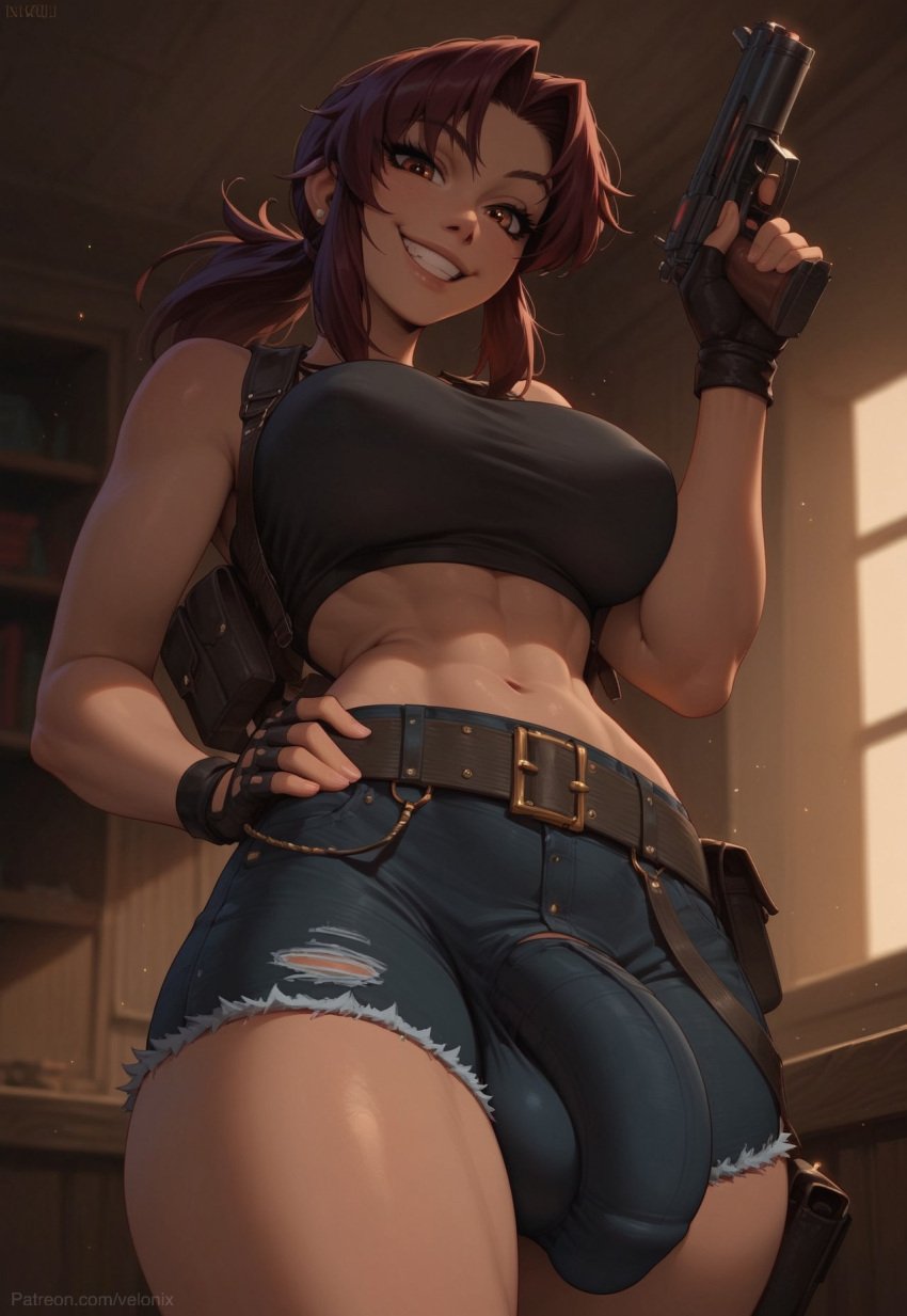 abs ai_generated belt black_lagoon breasts bulge bulge_through_clothing denim denim_bottomwear denim_clothing denim_shorts female futa_only futanari gloves grin gun gun_holster holster huge_breasts huge_cock looking_down muscular navel ponytail purple_hair revy shorts smile smiling_at_viewer tank_top velonix weapon