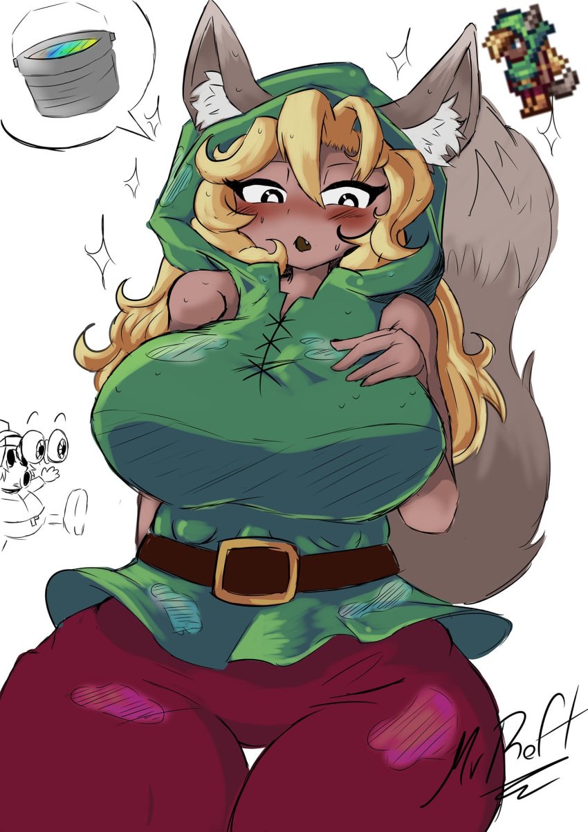 1girls big_ass blonde_hair dark-skinned_female female female_only highres hood huge_breasts mr_roftz shimmered_zoologist_(terraria) tail terraria thick_thighs werewolf wet_clothes wolf wolf_girl zoologist_(terraria)