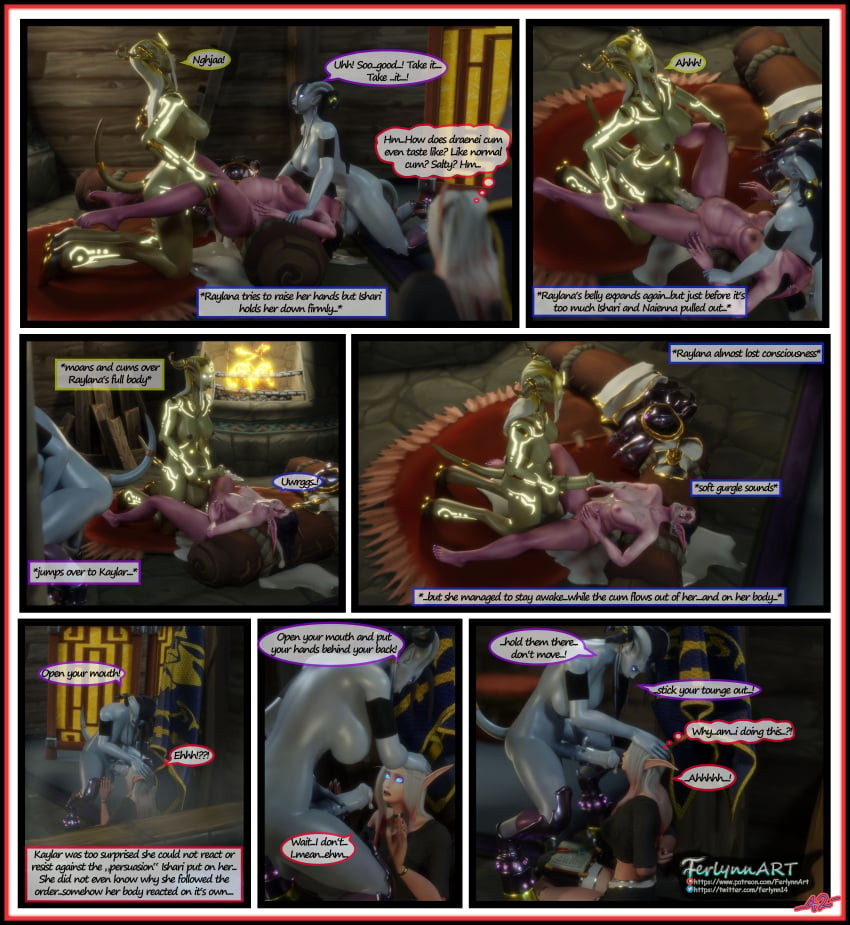 3d blood_elf blowjob comic comic_page comic_panel cum cum_inside draenei draenei_futa female ferlynn futa_on_female futanari horsecock ishari kaylar_sunquill lightforged_draenei naienna night_elf raylana throat_fuck world_of_warcraft