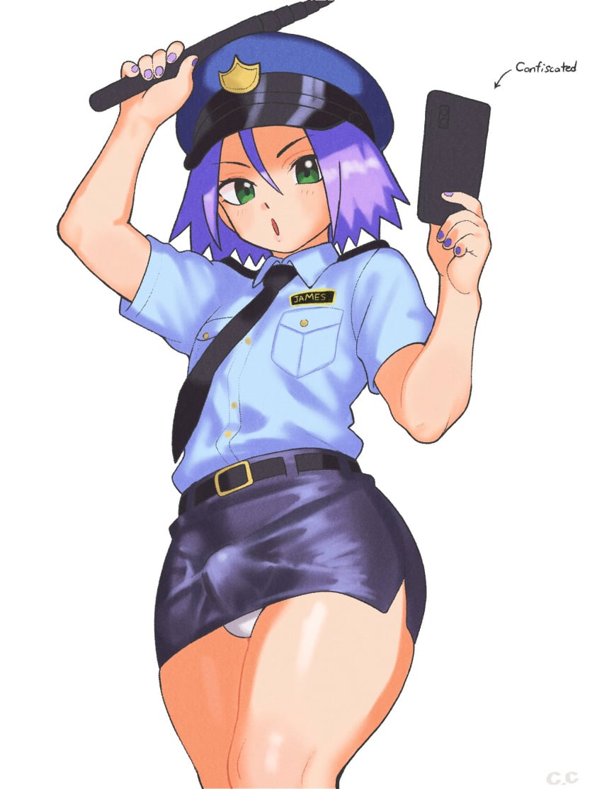 1boy blue_hair bulge champchidi femboy james_(pokemon) panties pokemon police_uniform skirt thick_thighs thighs trap