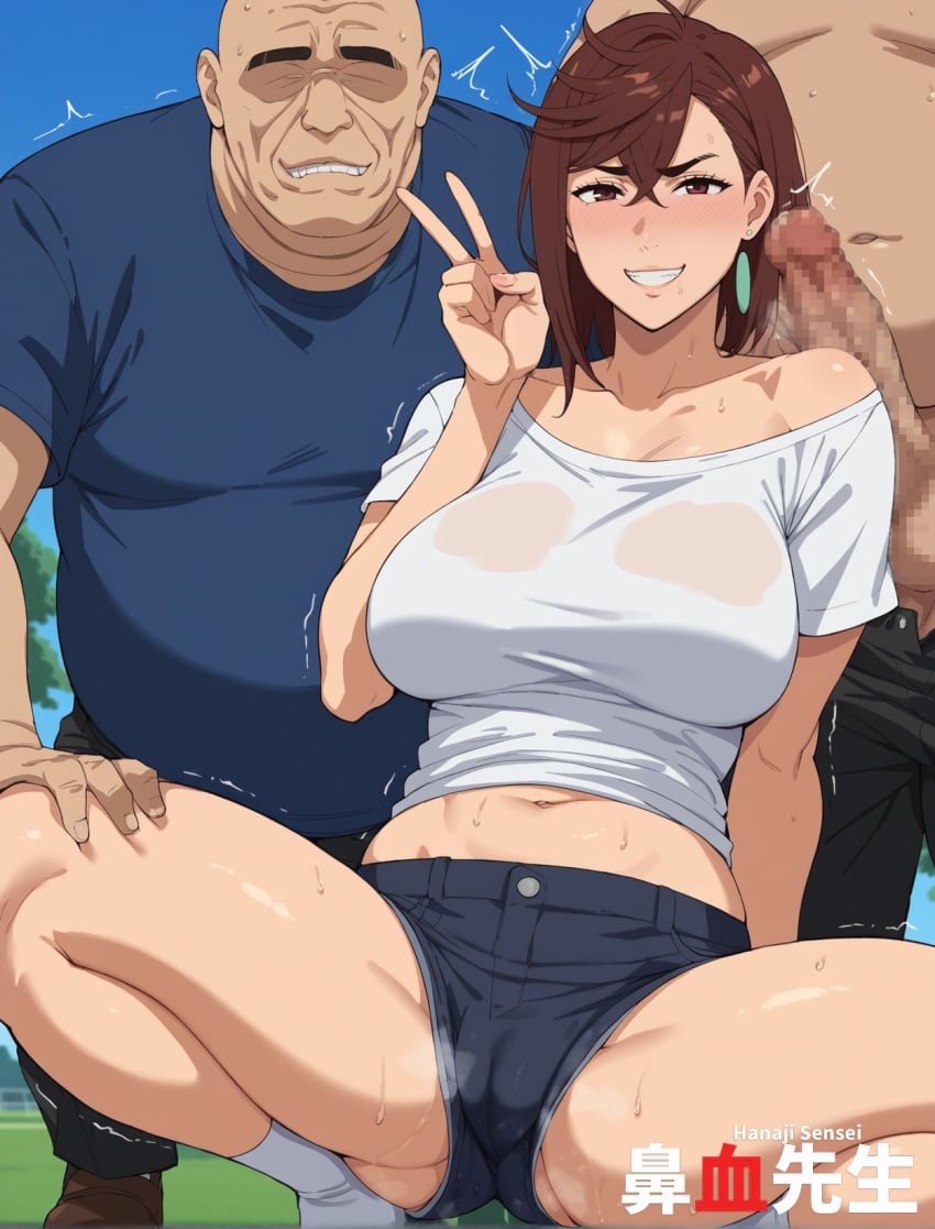 1girls 2boys ai_generated ayase_momo bald brown_hair cameltoe cleavage dandadan earrings fat_man hanajisensei huge_cock imminent_gangbang mature_female off_shoulder old_man peace_sign penis posing short_hair smile squatting v-sign 鼻血先生