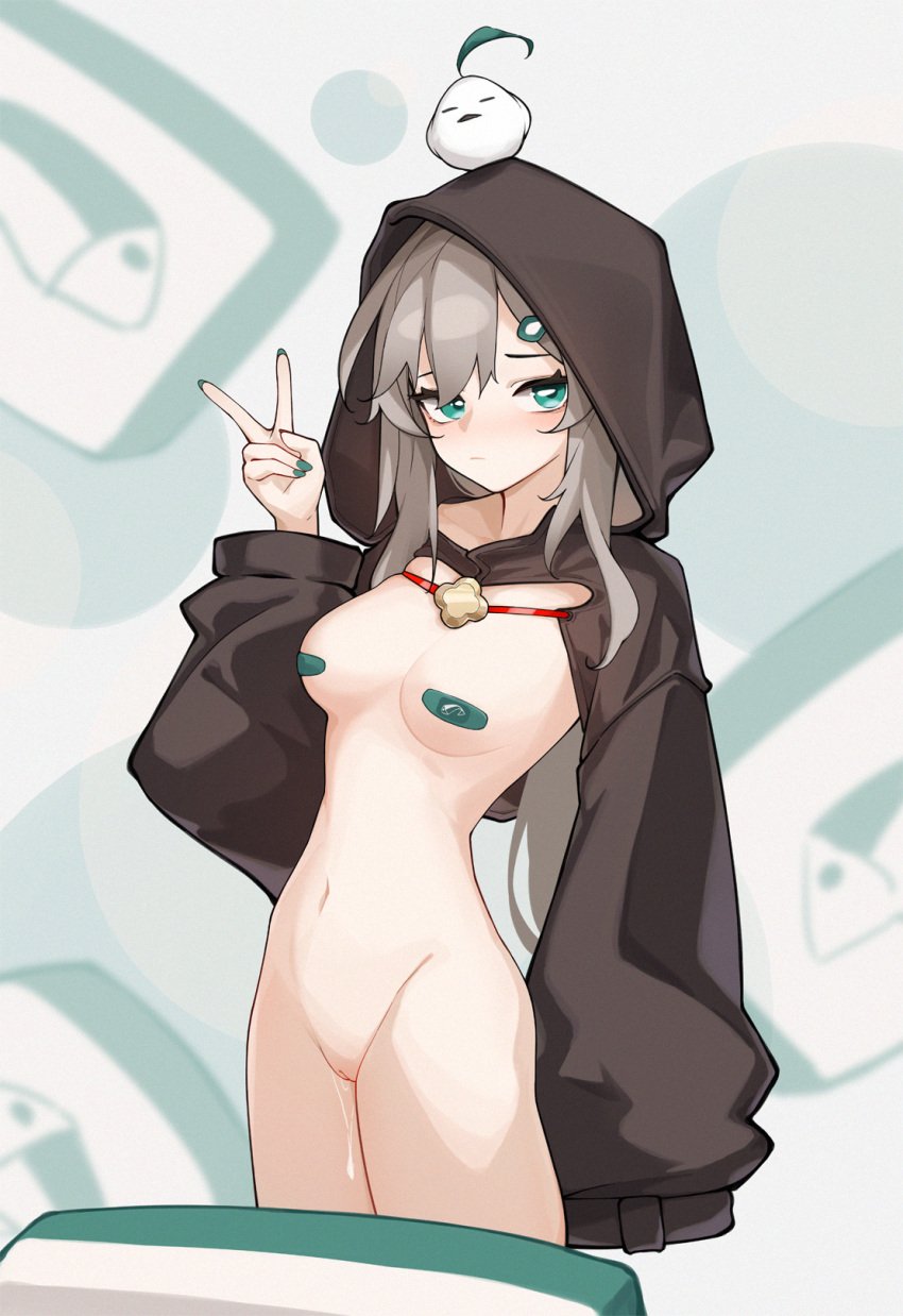 bandaid bandaids_on_nipples bottomless breasts closed_mouth commentary_request female green_eyes green_nails grey_hair groin hair_ornament hand_up highres honkai:_star_rail honkai_(series) inniyik long_hair long_sleeves looking_at_viewer medium_breasts nail_polish navel pasties puffy_long_sleeves puffy_sleeves pussy qingque_(honkai:_star_rail) shrug_(clothing) solo suggestive_fluid v