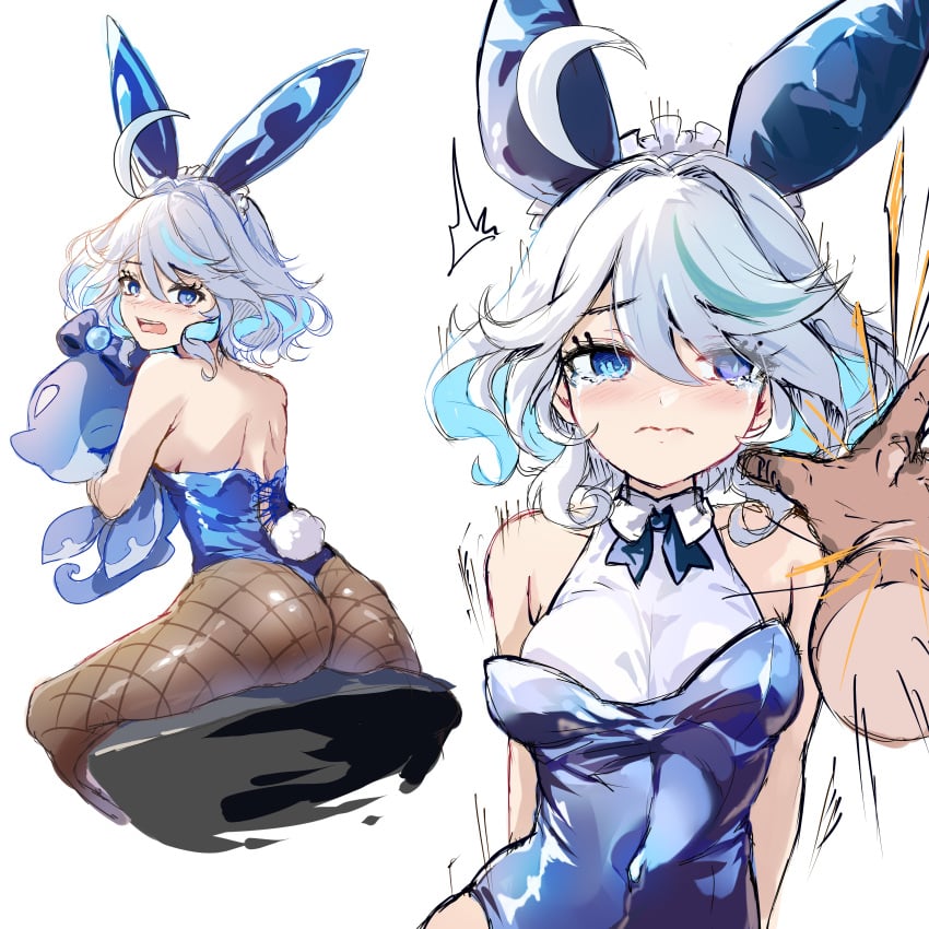 1boy 1girls against_wall ass assertive_male blue_eyes blue_hair blush breasts bunny_ears bunny_girl bunny_tail crying crying_with_eyes_open fishnets furina_(genshin_impact) genshin_impact leotard playboy_bunny rear_view sad scared sitting