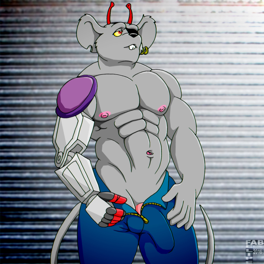 2016 abs alien antennae anthro athletic biceps big_muscles biker_mice_from_mars black_nose bulge clothed clothing ear_piercing eye_patch eyewear fabfelipe fur grey_fur hi_res lying male male_only mammal modo_(bmfm) mouse muscular muscular_male on_back pants piercing pinup pose red_eyes robotic_arm rodent solo standing teeth undressing zipper