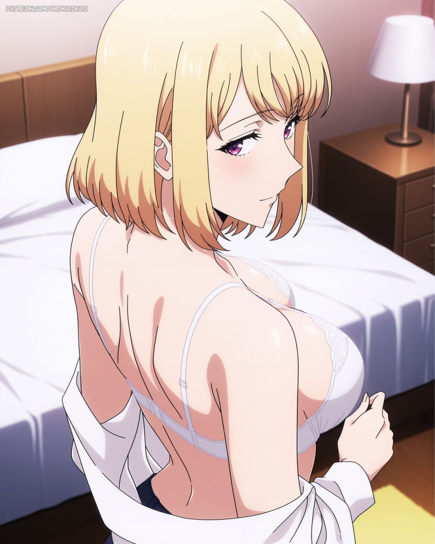 1girls ai_generated artkoikoi back back_view bed bedroom big_breasts blonde blonde_hair blonde_hair_female bra cha_hae_in desk female lamp looking_at_viewer looking_back pink_eyes short_hair slight_blush slight_smile solo_leveling tagme watermark white_bed white_bed_sheet white_bra white_shirt