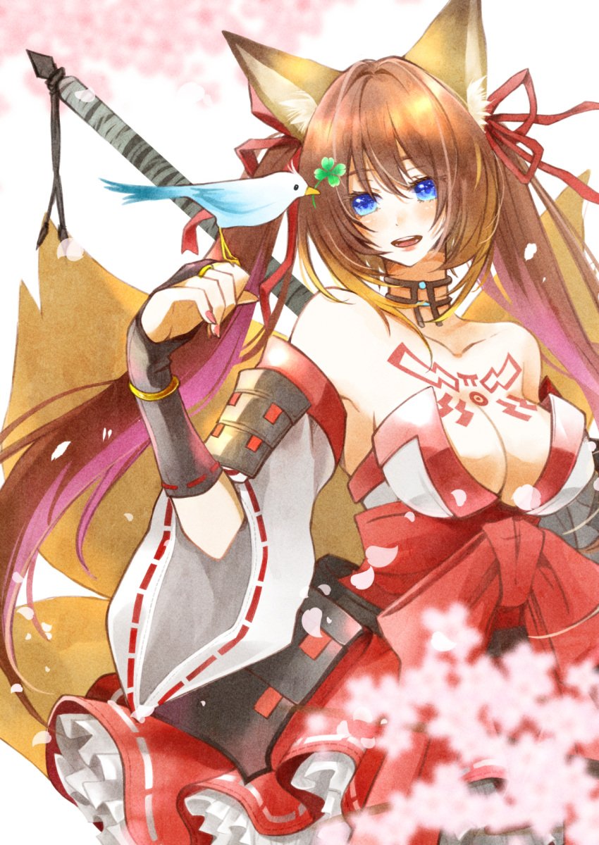 :d animal_ear_fluff animal_ears animal_tail bangs bare_shoulders bird bird_on_hand blue_eyes breasts brown_hair caleen_keemosn cleavage clothing clover detached_sleeves eyebrows_visible_through_hair female female four-leaf_clover fox_ear fox_ears fox_girl fox_tail hair_ornament hair_ribbon holding kemonomimi kimono kitsunemimi large_breasts long_hair looking_at_viewer multiple_tails nail_polish open_mouth ponyo_soa ribbon runes smile solo star_ocean star_ocean_anamnesis tail tattoo tied_hair traditional_clothes twintails very_long_hair wafuku weapon wide_sleeves