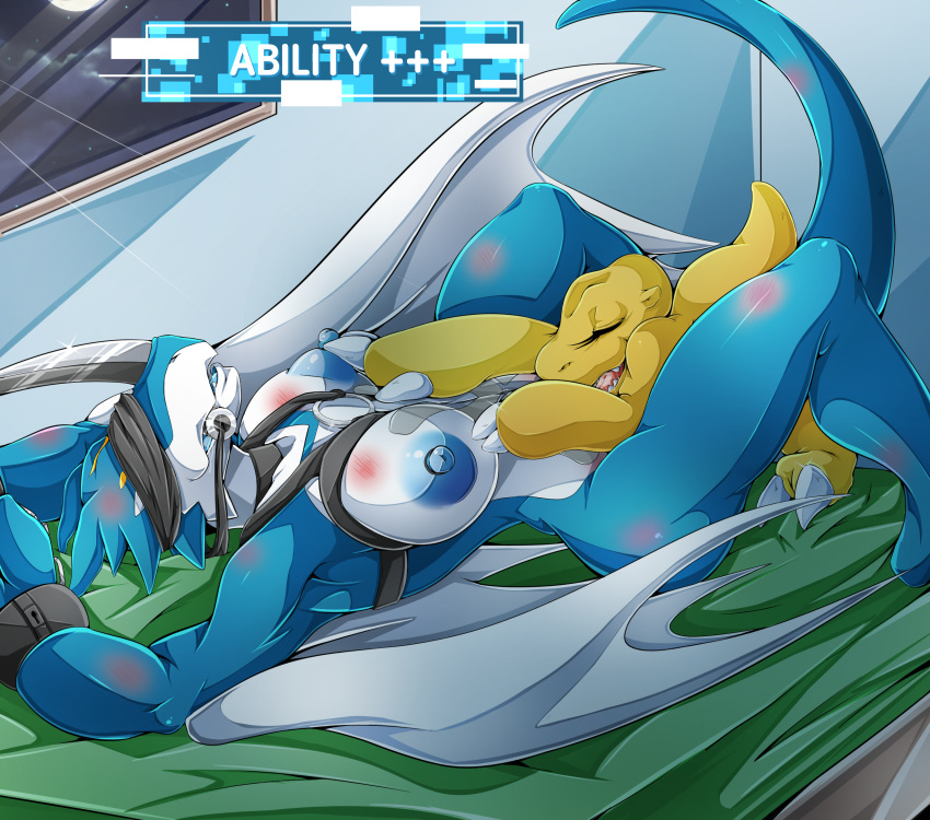 2016 agumon anthro anthro_on_feral areola bed big_areola big_breasts blindfold blue_nipples blue_scales blue_tongue bondage bound breasts bruise claws cunnilingus digimon english_text exveemon female feral genderswap inside lying membranous_wings nipples nude on_back on_bed open_mouth oral orange_scales penetration scales sex suddenhack teeth text toe_claws vaginal_penetration white_claws wings wounded yuri