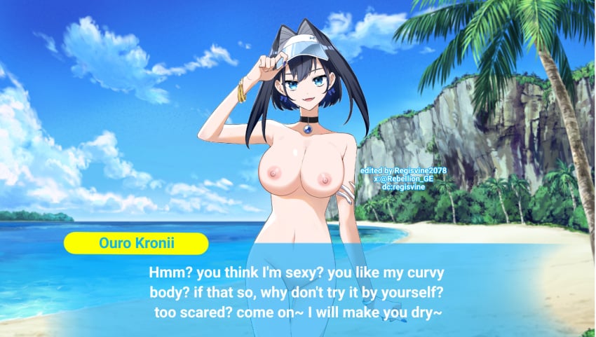 beach big_breasts black_hair blue_eyes dialogue hololive hololive_english hololive_english_-council- hololive_english_-promise- nude_filter ouro_kronii regisvine2078 smile virtual_youtuber