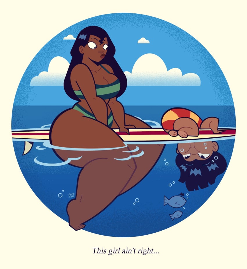 big_ass big_thighs bikini bikini_bottom bikini_top black_hair curvy dark-skinned_female dark_skin dialogue disney female fish goodbyellow lilo_&amp;_stitch lilo_and_stitch long_hair nani_pelekai surfboard tagme thick_thighs thighs voluptuous wet