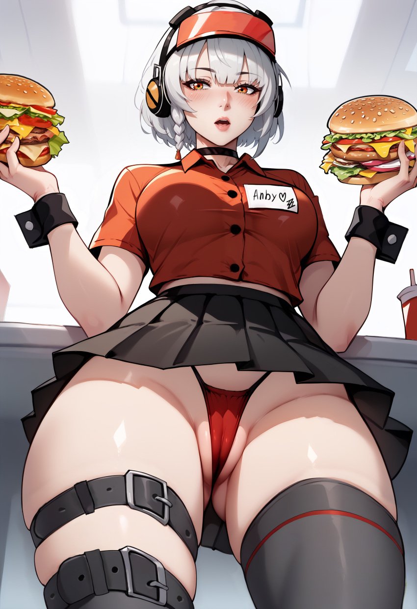 ai_assisted ai_generated anby_demara burger food highleg_panties hikkaria hips orange_eyes panties shiny_skin shirt skirt stockings string_panties thighhighs thighs under_skirt white_hair zenless_zone_zero