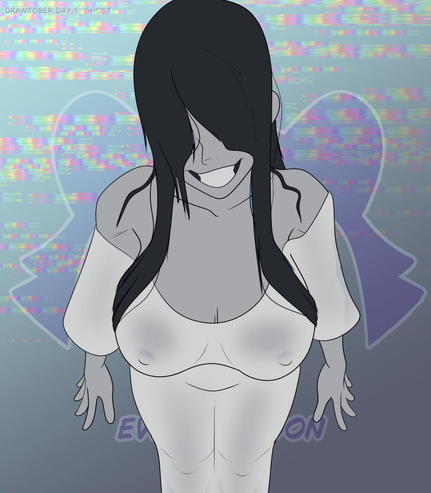 big_breasts evil_raccoon ghost ghost_girl grey_body long_hair massive_breasts nipple_bulge nipples nipples_visible_through_clothing sadako_yamamura smile the_ring