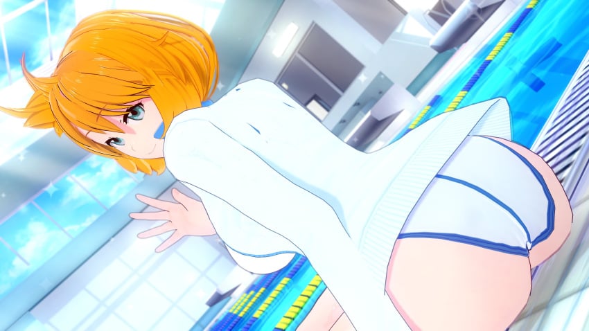 16:9_aspect_ratio ass blue_eyes breasts clothing competition_swimsuit dutch_angle female female_only gym_leader high_resolution huge_ass huge_breasts indoors jacket kasumi_(pokemon) large_ass large_breasts looking_at_viewer looking_back misty_(pokemon_hgss) one-piece_swimsuit orange_hair pokemon pokemon_character pokemon_gsc pokemon_hgss pool poolside short_hair sitting smile solo swimsuit tank_suit thick_ass thighs very_high_resolution water waving white_one-piece_swimsuit white_swimsuit window