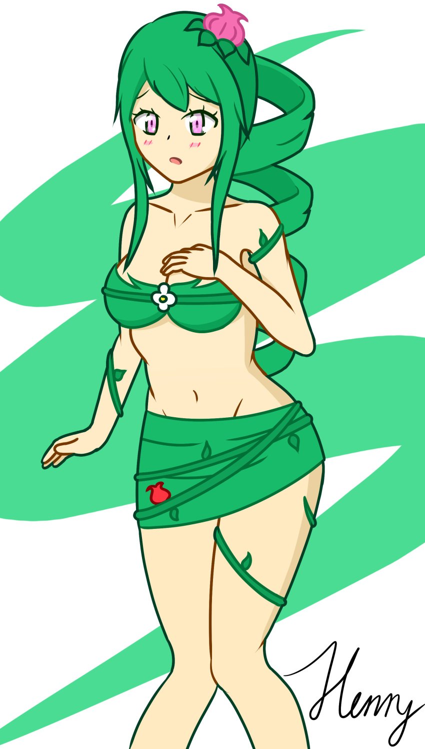 blush bra breasts drill_hair dryad dryad_(terraria) female female_only flower_in_hair green_hair henryauyong highres looking_at_viewer midriff purple_eyes skirt slim_waist solo terraria thehallowunderground vines