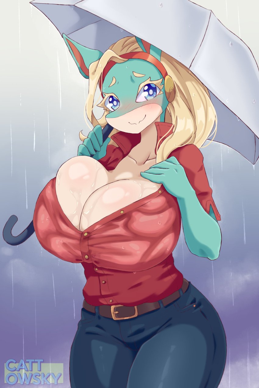 big_breasts cattowsky cleavage female huge_breasts ippan_josei jpeg my_hero_academia raining umbrella