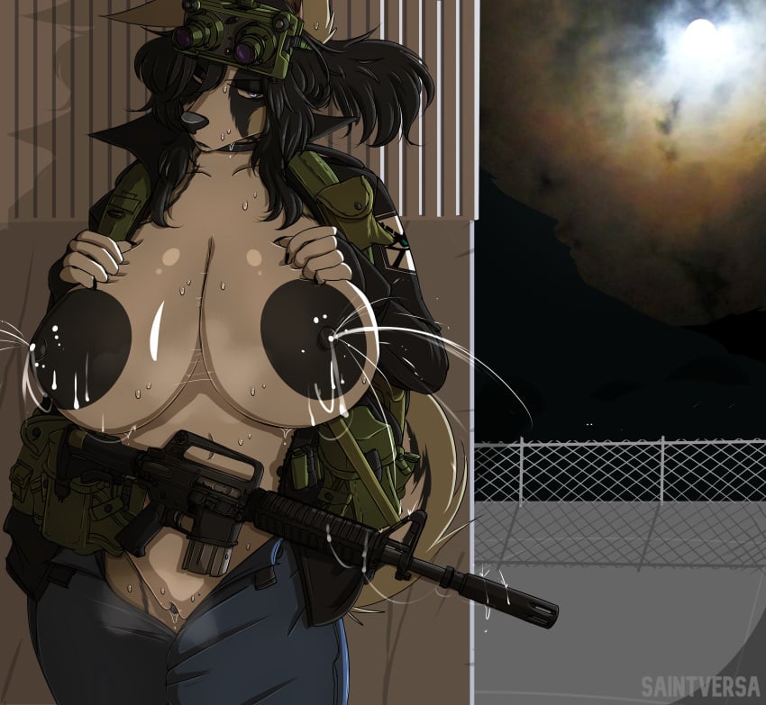 2024 absurd_res anthro areola assault_rifle big_areola big_breasts bodily_fluids bottomwear bottomwear_down breasts canid canine clothed clothing curvy_figure exposed_breasts female genital_fluids genitals gun hi_res huge_breasts lactating m16 mammal military milk night_vision_goggles nipples open_clothing open_shirt open_topwear pants pants_down partially_clothed pussy ranged_weapon rifle saintversa shirt solo thick_thighs topwear vaginal_fluids voluptuous weapon wide_hips