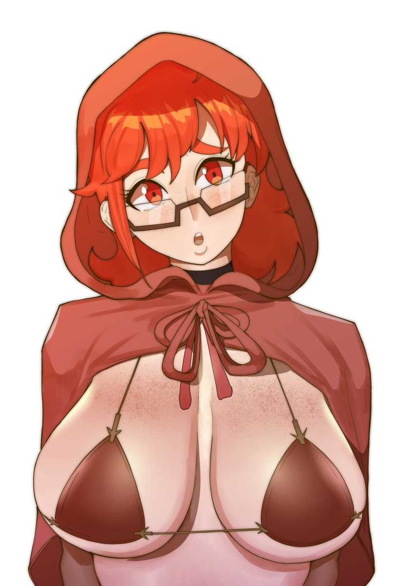 1girls doublehero freckles ginger glasses huge_breasts june_katsos light-skinned_female little_red_riding_hood looking_at_viewer red_eyes red_hair short_hair skimpy skimpy_clothes solo solo_female