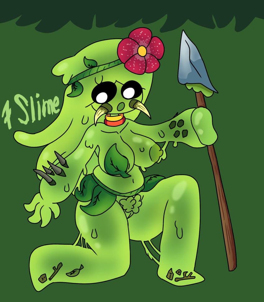 1girls ahzucar almost_naked big_ass big_breasts big_butt female_only flower_in_hair green_body green_slime hi_res highres lewdtober long_hair original_character pubic_hair simple_background simple_shading slime slime_girl spear text