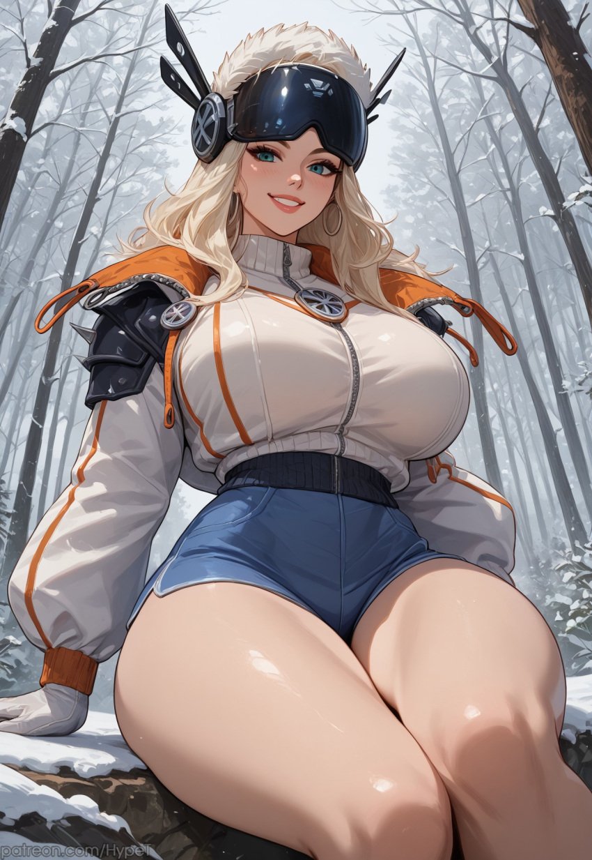 ai_generated alternate_version_at_source big_breasts blonde_hair female forest frozen_demon_magik_(marvel_rivals) hypet magik_(illyana_rasputin) magik_(marvel_rivals) marvel_rivals shiny shiny_skin sitting smile snow solo tagme thick thick_ass thick_thighs thighhighs thighs