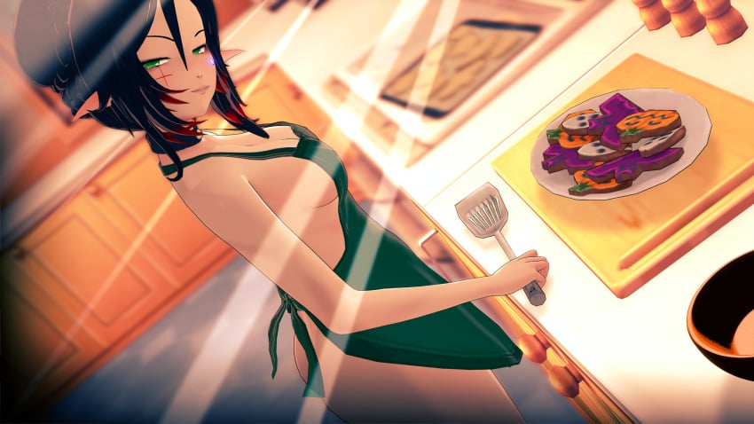 1girls apron ass baking black_hair breasts female green_eyes indie_virtual_youtuber kitchen layna_lazar looking_at_viewer naked_apron sideboob solo spamerino111 virtual_youtuber