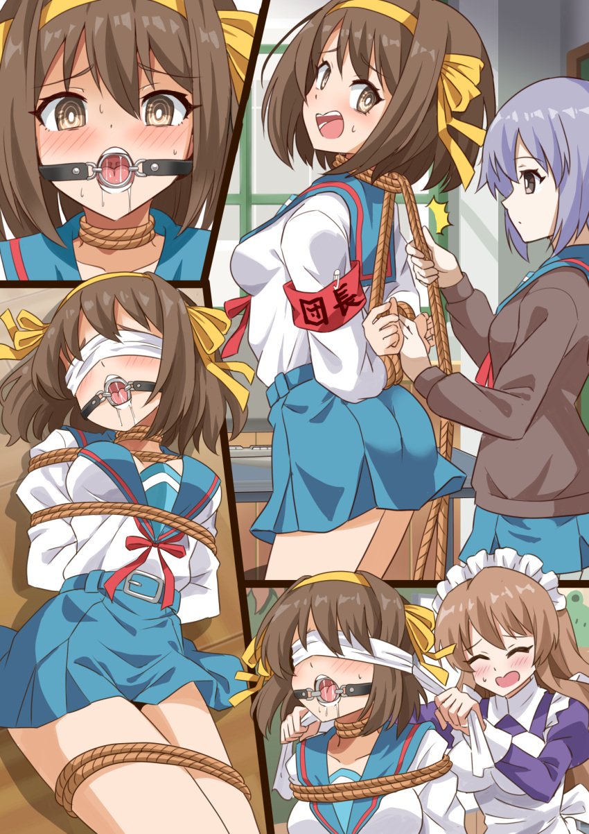 3girls :o arms_behind_back asahina_mikuru blindfold blush bondage bound bound_arms bound_legs breasts brown_eyes brown_hair clothed female_only femsub gag gagged hair_ornament hi_res maid maid_headdress maid_uniform matching_hair/eyes medium_hair nagato_yuki open_mouth request ring_gag rope rope_around_neck rope_bondage saliva school_uniform sequential serafuku shimouki_izui skirt suzumiya_haruhi suzumiya_haruhi_no_yuuutsu