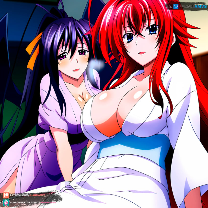 2girls ai_generated akeno_himejima big_breasts blue_eyes blush dark_purple_hair demon_wings high_school_dxd juanpiamvs long_hair open_mouth patreon patreon_username pink_eyes ponytail red_hair rias_gremory sitting subscribestar subscribestar_username watermark wings yukata