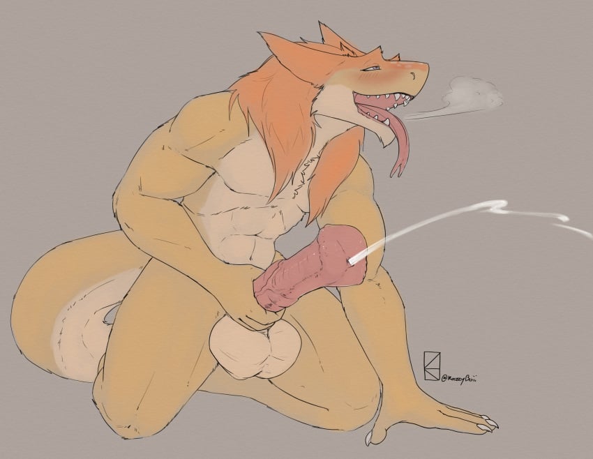 balls bodily_fluids breath cum ejaculation fur genital_fluids genitals hair hi_res kazzyboii kneeling male male_only masturbation open_mouth orange_body orange_fur penis sergal tagme tail tongue tongue_out