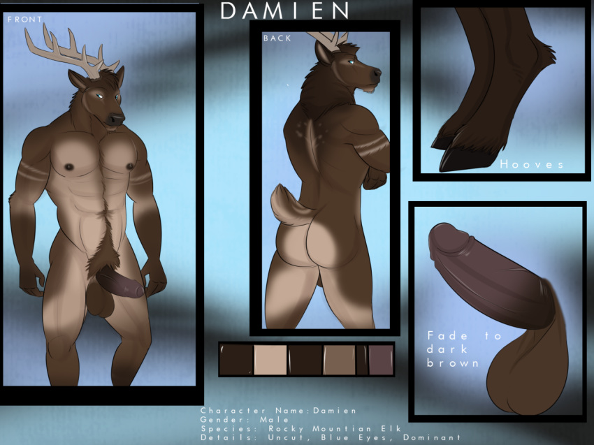 2016 anthro ass balls big_balls body_hair brown_fur brown_nose canine cervine chest_tuft deer erection fur gloebis hi_res hooves horn male male_only mammal multicolored_fur muscular nipples nude penis profile tuft