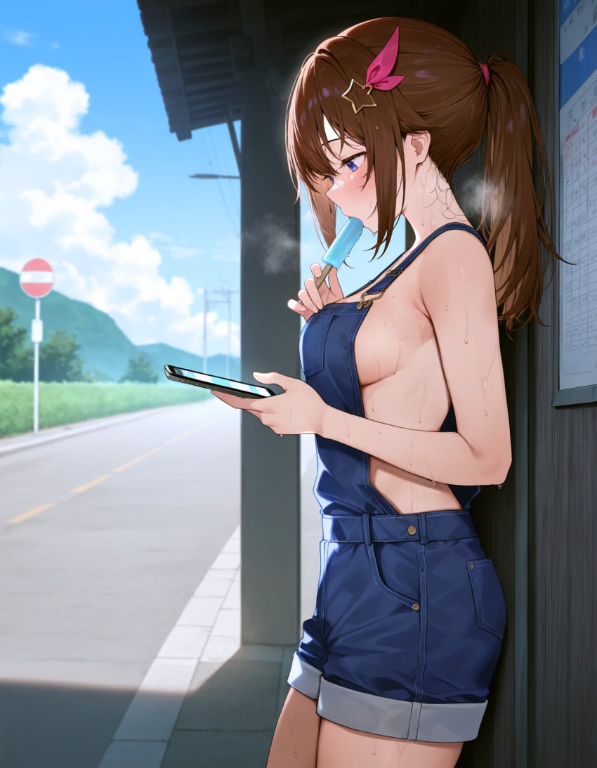 1girls ai_generated blue_eyes blush brown_hair bus_stop cellphone hololive hot large_breasts no_bra outdoors overalls ponytail popsicle shade sideboob steam sucking_popsicle sweat thighs tokino_sora very_sweaty virtual_youtuber