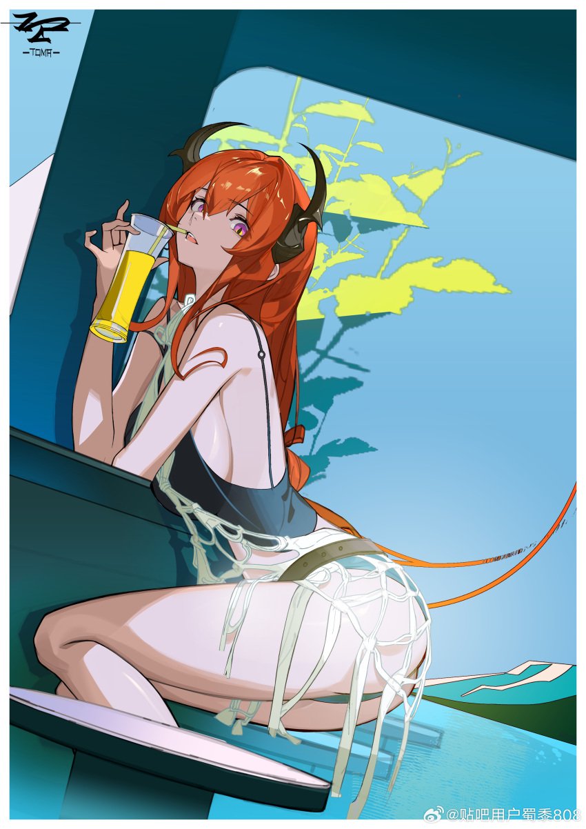absurdres alternate_costume arknights ass black_horns black_shirt border breasts commentary_request cup female highres holding holding_cup horns leaning_forward long_hair looking_at_viewer micro_shorts on_chair orange_hair parted_lips purple_eyes shirt shorts sideboob signature sitting solo surtr_(arknights) tomafumi white_border