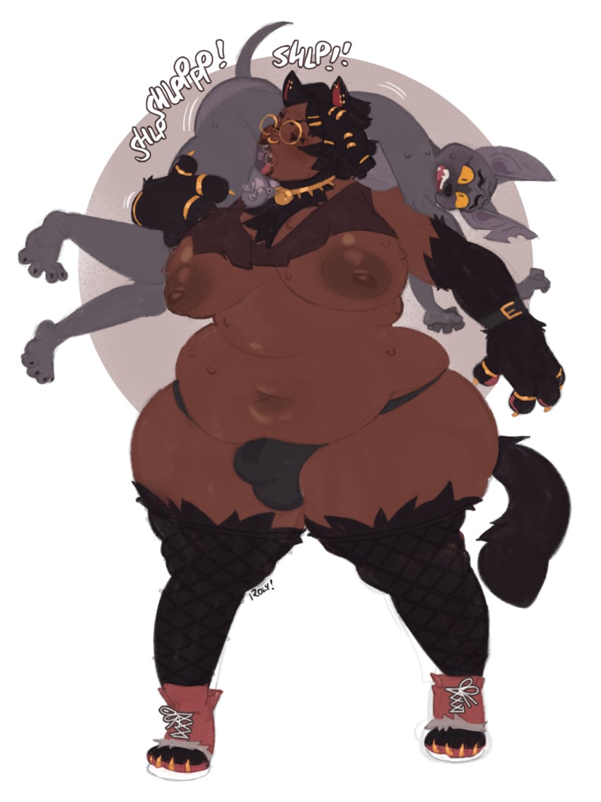 animal_humanoid anthro areola balls black_body black_fur breasts brown_areola brown_body brown_nipples brown_skin bulge cat_humanoid clothing collar crop_top dreadlocks duo ear_piercing ear_ring english_text erection eyewear facial_piercing felid felid_humanoid feline feline_humanoid fellatio footwear fur futanari genitals glasses gold_(metal) gold_collar gold_ring gold_tail_ring grey_body grey_skin gynomorph gynomorph/male hair hi_res humanoid humanoid_genitalia humanoid_penis intersex intersex/male legwear love_handles male mammal mammal_humanoid metal_collar nide nipples nose_piercing nose_ring onomatopoeia oral oral_penetration overweight overweight_gynomorph overweight_humanoid overweight_intersex oz_(ozthegoblin) penetration penile penis piercing ring_piercing roly rule_63 sex shirt shoes simple_background size_difference sound_effects stockings text thong toeless_footwear toeless_shoes tongue tongue_out topwear underwear vein veiny_penis white_background yellow_sclera