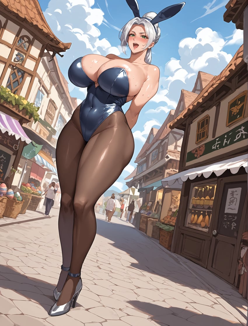 ai_generated bewitching_thighs bunny_ears bunnysuit dodo_bird full_body high_heels inage_natsu large_breasts pantyhose taimanin_(series) white_hair