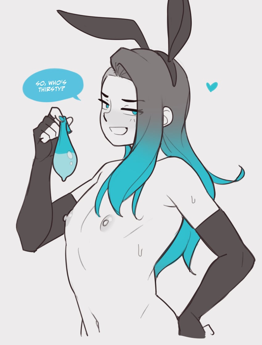 after_sex blue_eyes blue_hair condom cum_in_condom dross elbow_gloves english_text femboy grin holding_condom looking_at_viewer male male_nipples male_only nipples sapphire_(dross) sweat talking_to_viewer text